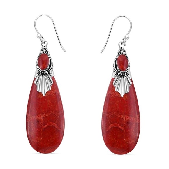 Royal Bali Collection Coral and Rhodolite Garnet Drop Earrings with Hook in 925 - Picture 1 of 9